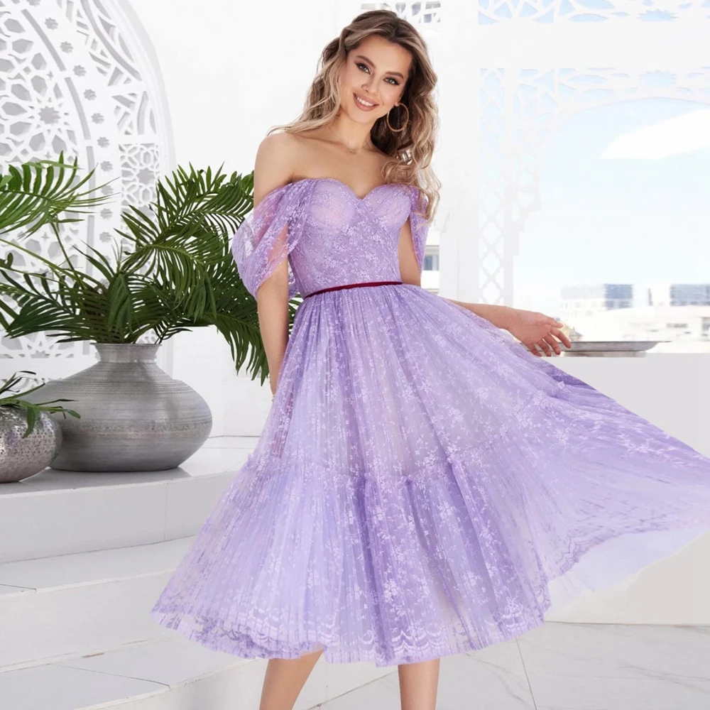 Lavender Off Shoulder Midi Length Party Dress Lace Tulle Ball Gown A-line Purple Cocktail Dresses Sweet Girl's Dress For Event