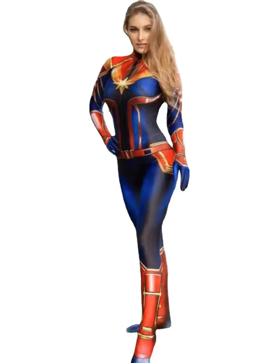 زي كابتن مارفل للبالغين لعيد الهالوين، ملابس ضيقة للنساء بتصميم الأبطال الخارقين، مصنوعة من ألياف مرنة ثلاثية الأسيتات، زي مسرحي