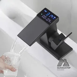 Hot Cold Water Temperature LED Washbasin Waterfall Taps Bathroom Deck Mixers Basin faucet Digital Display Sink Mixer Faucet