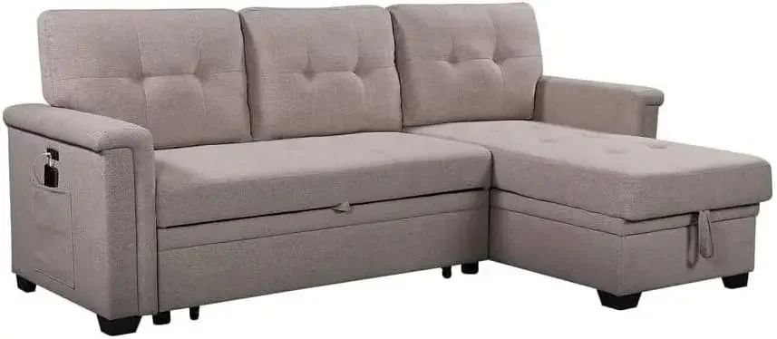 Ashlyn Light Gray Reversible Sleeper Sectional Sofa with Storage Chaise, USB Charging Ports and Pocket