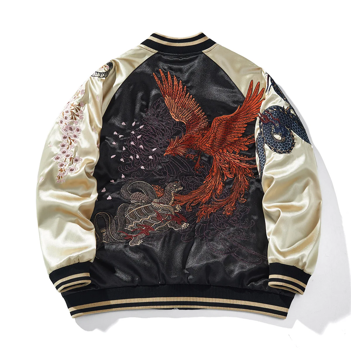 Luxury Satin Embroidered Baseball Sukajan Jacket for Men, Spring Coat, Long Sleeve, Tiger Dragon Design Plus Size To 4XL, D004A1