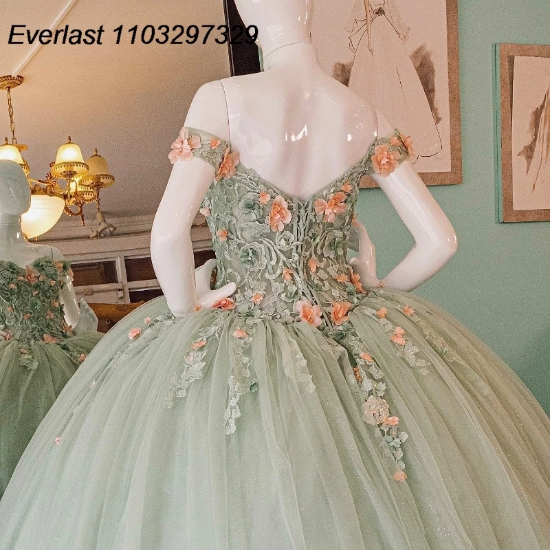 EVLAST Personalizado Sage Verde Quinceanera Vestido de Baile Rosa 3D Flores Applique Frisado Doce 16 Vestidos De 15 Años TQD860