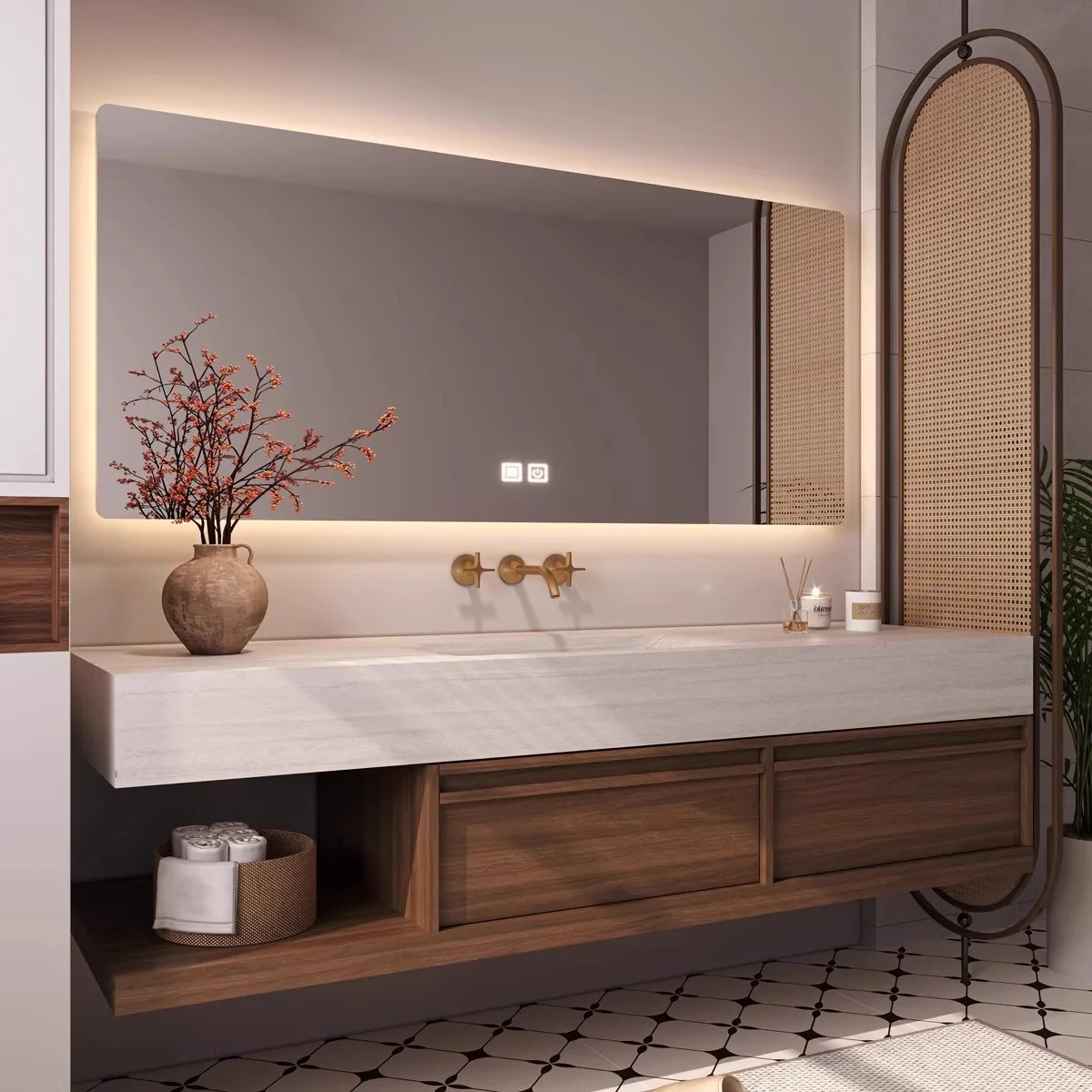 

Medieval log wind bone line Corian rock slab hot bending seamless integrated basin bathroom