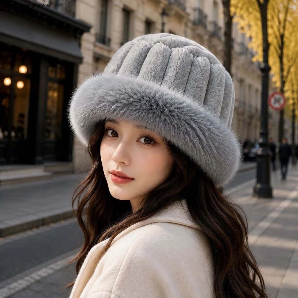 Vertical Texture Striped Fur Hat Faux Fur Brim Windproof Puffy Bucket Cap Fleece Lining Thermal Insulation Plush Trapper Hats