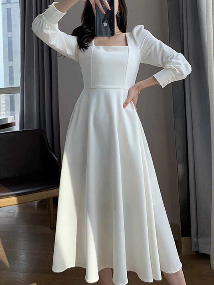 

White Long Dresses Women Vintage Summer Dress Female Elegant Square Collar Dress Ladies Korean Fashion Long Sleeve Vestidos