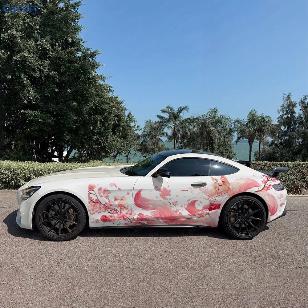 2Pcs Fox Princess Cherry Blossom Car Side Wraps, Self-Adhesive PVC Waterproof & Scratch-Resistant Stickers, Car Accessory Gift