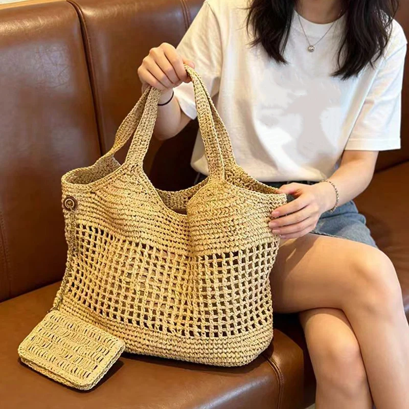 

French Hollow Crochet Straw Tote Bag With Matching Pouch Large Capacity Shoulder Bag Beach Trips Boho Summer Style Woven Handbag