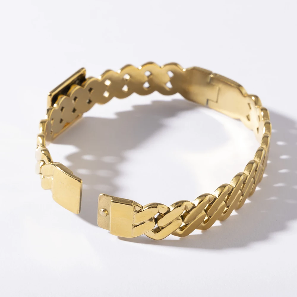 LUIZADA Bling Miami Cuban Gold Plated Bangle and Ring Fashion Men and Women stainless steel Jewelry Hip pop Rapper Jewelry Gift