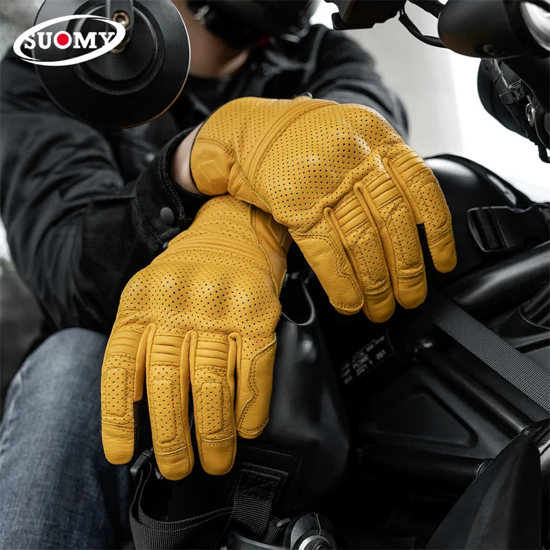 SUOMY Male Summer Breathable Genuine Leather Motorcycle Riding Gloves Men Women Anti-drop Retro Full Finger Motocross Gloves