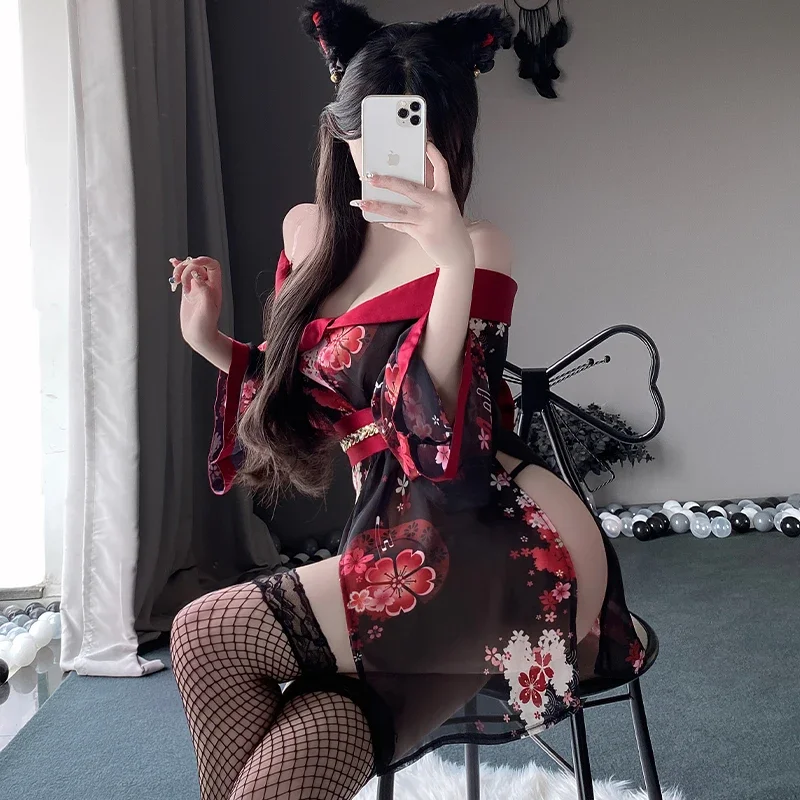 Kostum Cosplay Kimono Jepang, Set jubah mandi Kimono Jepang, belahan tali V dalam, gaun hitam, Lingerie seksi, pakaian tidur wanita