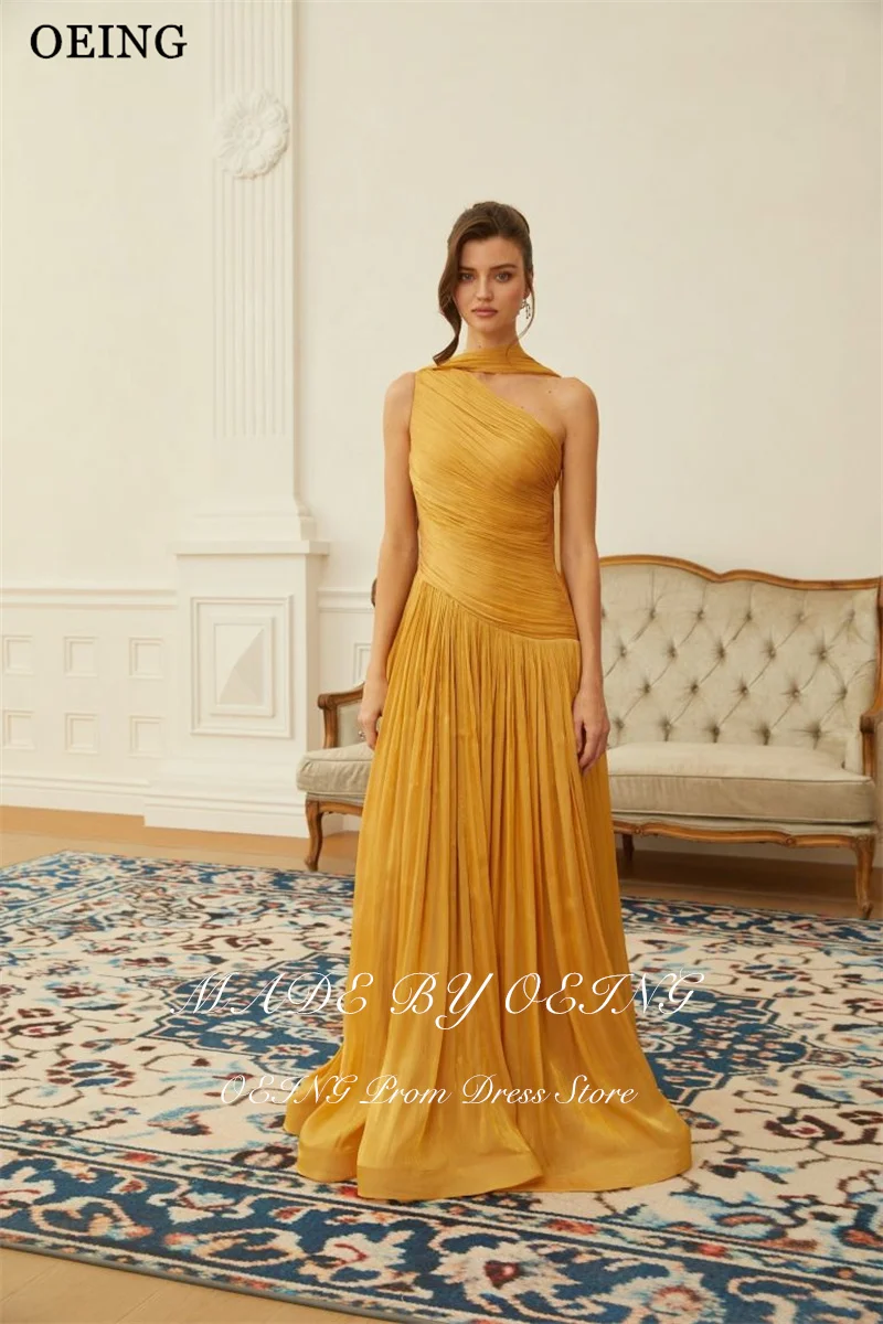 Oeing simples a linha vestidos de noite dourados um ombro sem mangas plissados vestido formal drapeado maxi vestidos de gala personalizados