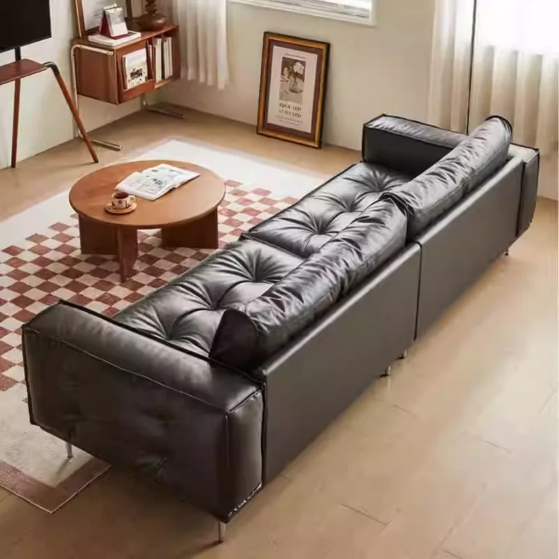 #Mid Century Oil Wax Retro Genuine Leather Sofa Top Grain Cowhide Living Room Small Space Designer French Sofa Set