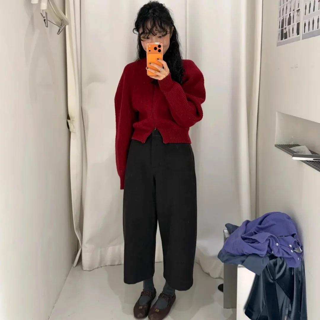 Faionable Otoño Invierno Lana Perna ancha Cuchillo Pantalones de siete pulgadas para mujer Cintura alta Cierre de cremallera Coreano Sle Casual...