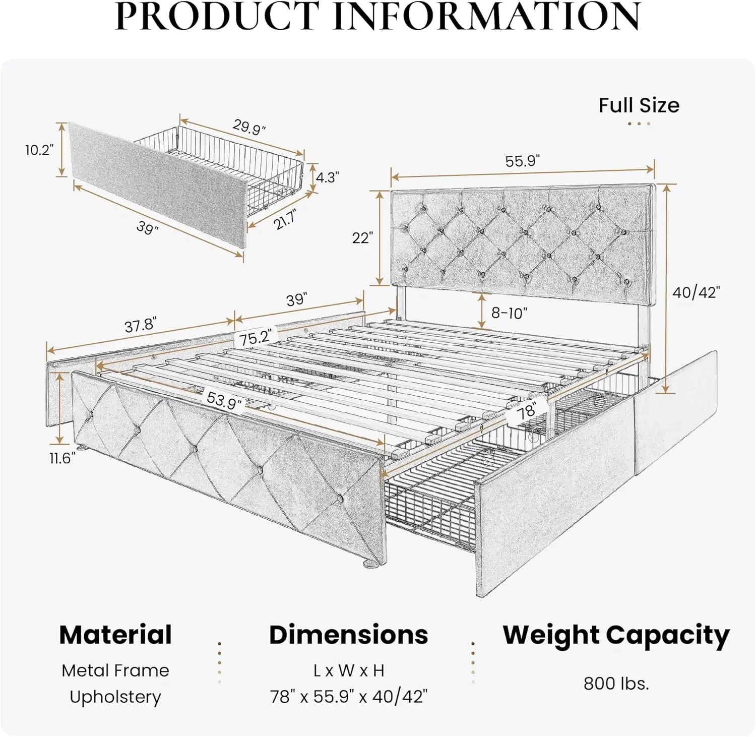 Upholstered Full Platform Storage Bed Frame with 4 Drawers, Adjustable Headboard with Faux Leather Diamond Button Tufted Design