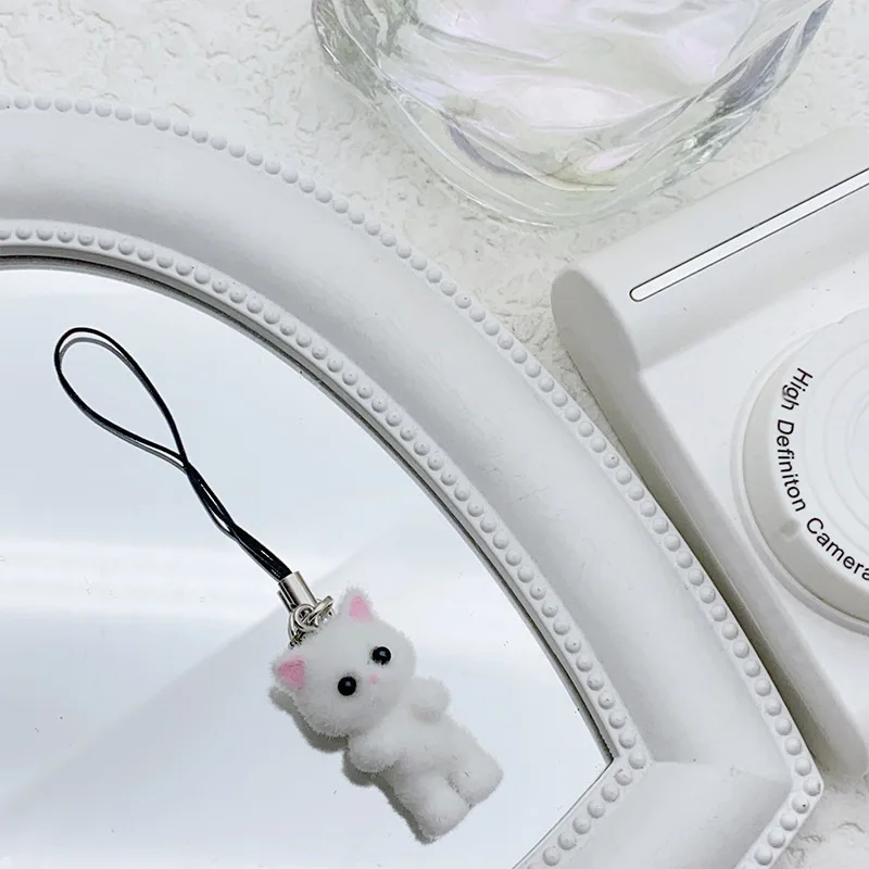 4pcs/pack Flocking Fabric 3D Lovely Cat Mobile Phone Charms Cute Animal Cellphone Chain Keychain Lanyard Strap Accessories ﻿