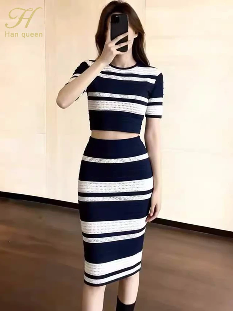 Summer Slim Bottoming Elastic Simple Holiday Prom Dresses Women Striped 2 Piece Knitted Sweater Sheath Pencil Dress