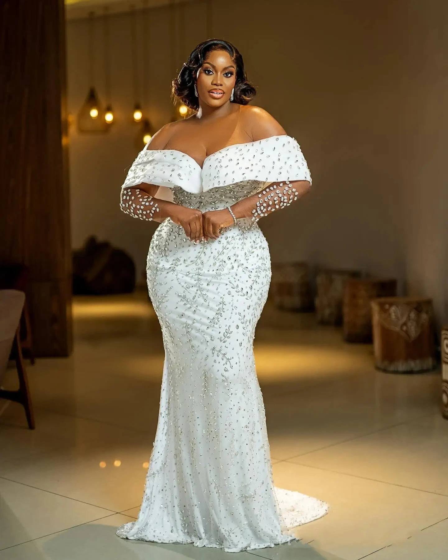 Luxurious Mermaid 3D Crystal Beaded African Women's Wedding Dress Sexy V-neck Strap Detachable Tail Bridal Dress Customized