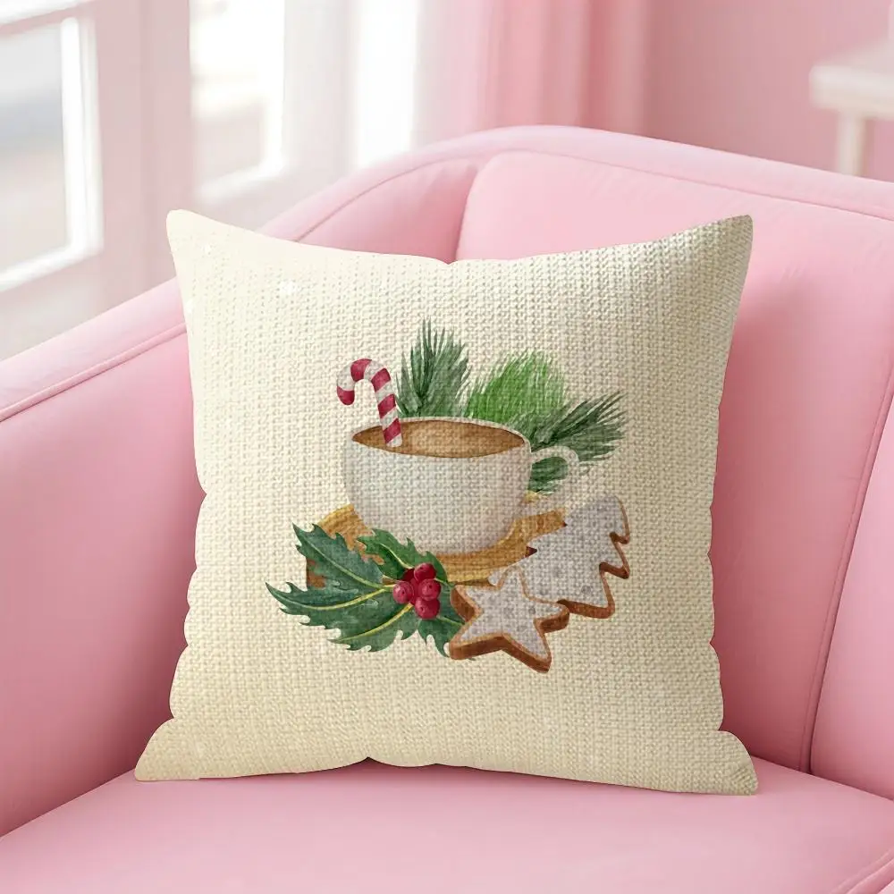 Christmas Santa and Deer Cushion Cover Natural Linen Organic Fabric Double-Sided Printing Breathable Perfect for Home Decor