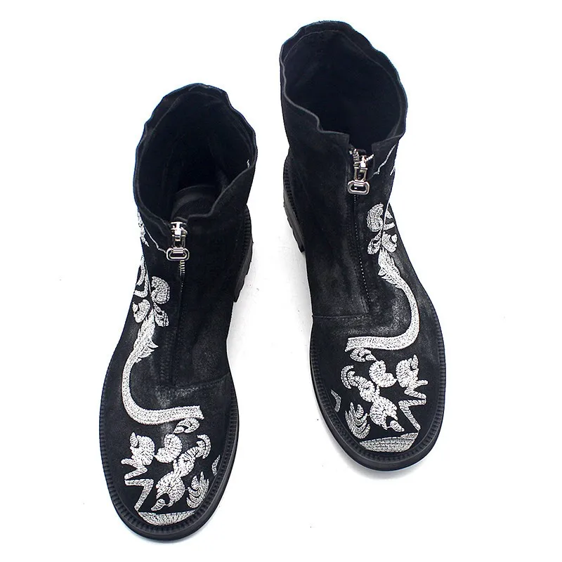 JINIWU 2026 Men Chinese Style Wide Toe Boots Silver Dragon Embroidery Thick Sole Elevated Zipper Round Toe Nubuck Boots