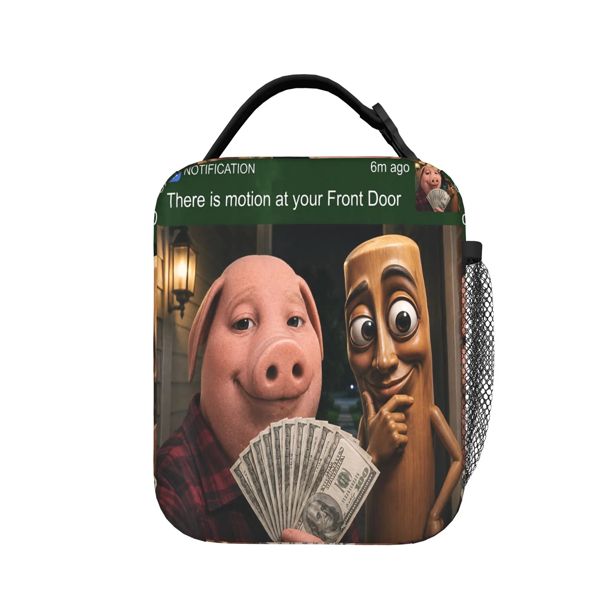 Tung Tung Tung Sahur John Pork Motion at Your Front Door Lunch Bag Lunch Box Men Picnic Cooler Bag Retro Oxford Tote Handbags