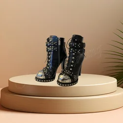 Black Rivet Decor Ankle Boots Metal Toe Strange Style Shoes Chunky High Heel Shoes for Women Shoes 2024 Zapatos Para Mujere