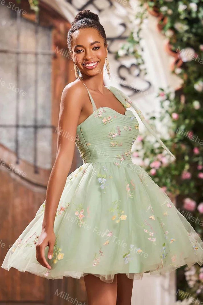 Verde uma linha feminina vestidos de cocktail renda tule sem mangas curto vestidos de baile sexy mini personalizado festa de baile saias convidados