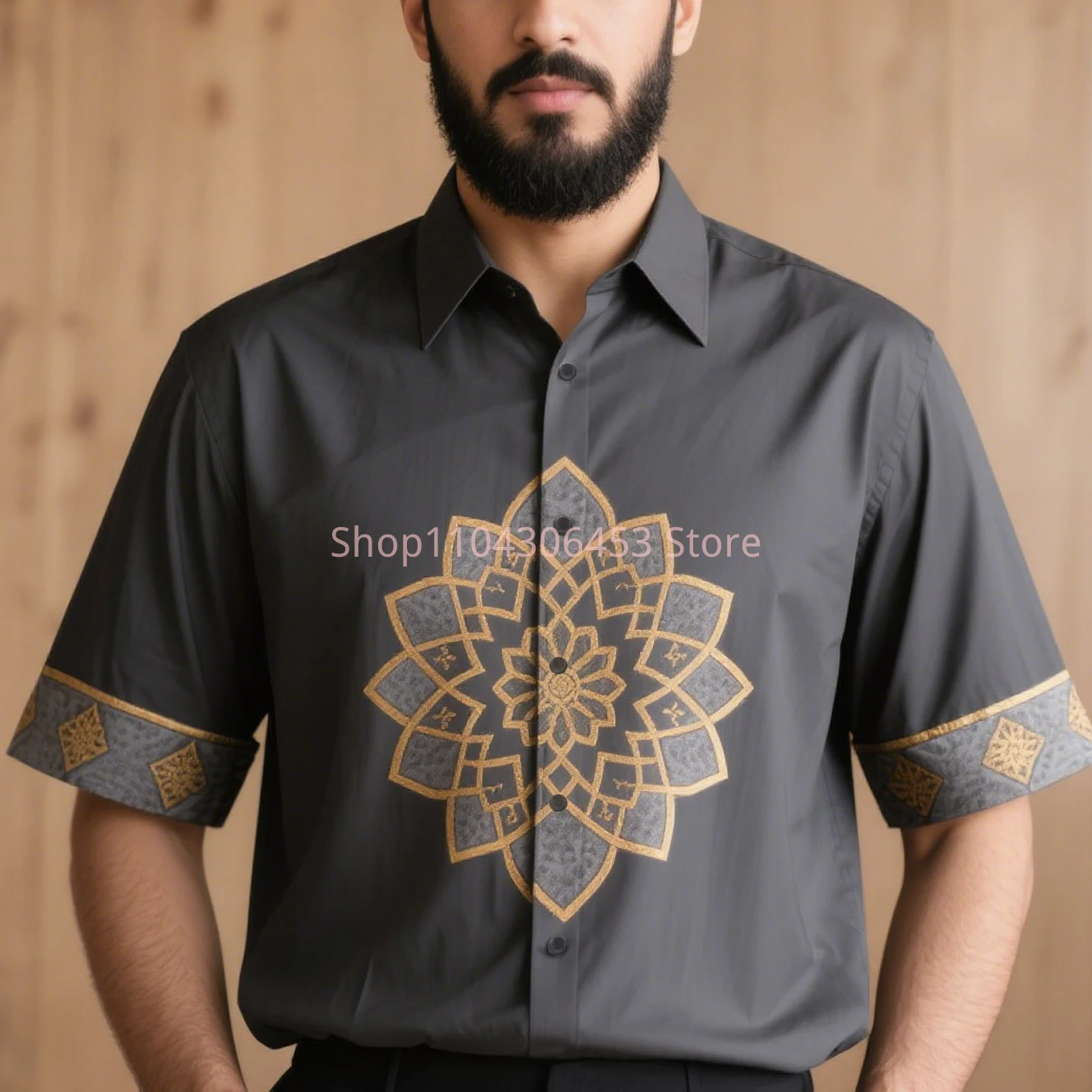 Men's Simple Retro Fashion Ethnic Style 3D Printed Short-sleeved Lapel Shirt Thin Breathable Light Color Business Casual Party