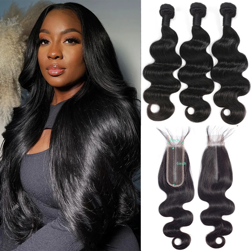 15A Body Wave Bundles Human Hair With Closure 32 Inch Bundles 100% Human Hair 2x6 Transparent Closure With Bundles Human Hair