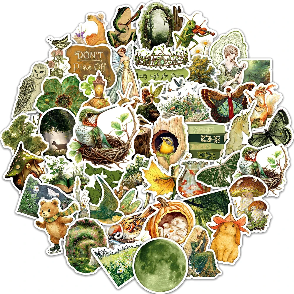10/30/50pcs Cute Cartoon Green Forest Fairy Tale Stickers Retro Aesthetic Graffiti Decals DIY Suitcase Motorcycle Helmet Sticker