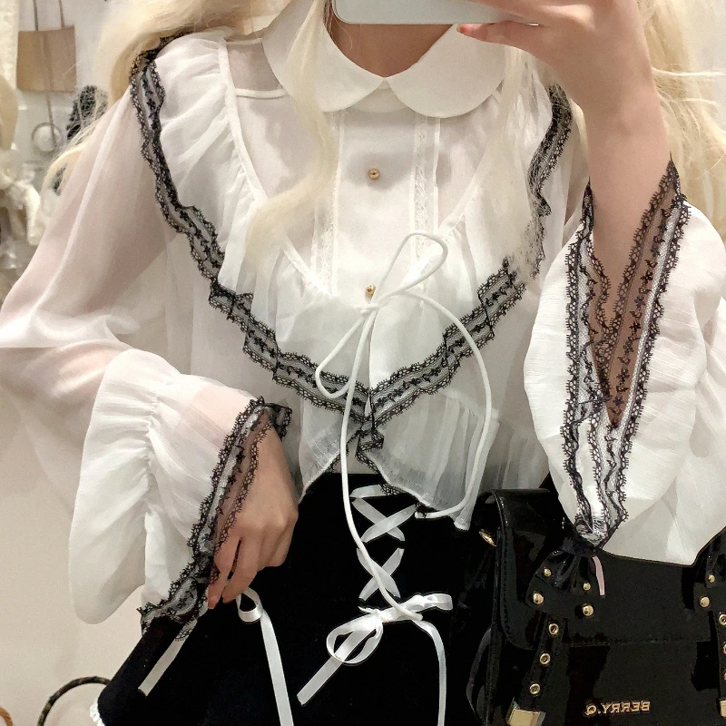 Japanese Sweet Lolita Style Short Cardigan Women Kawaii Lace Reffles Lace-ups Chiffon Coat Korean Fashion Gothic Y2k Crop Tops