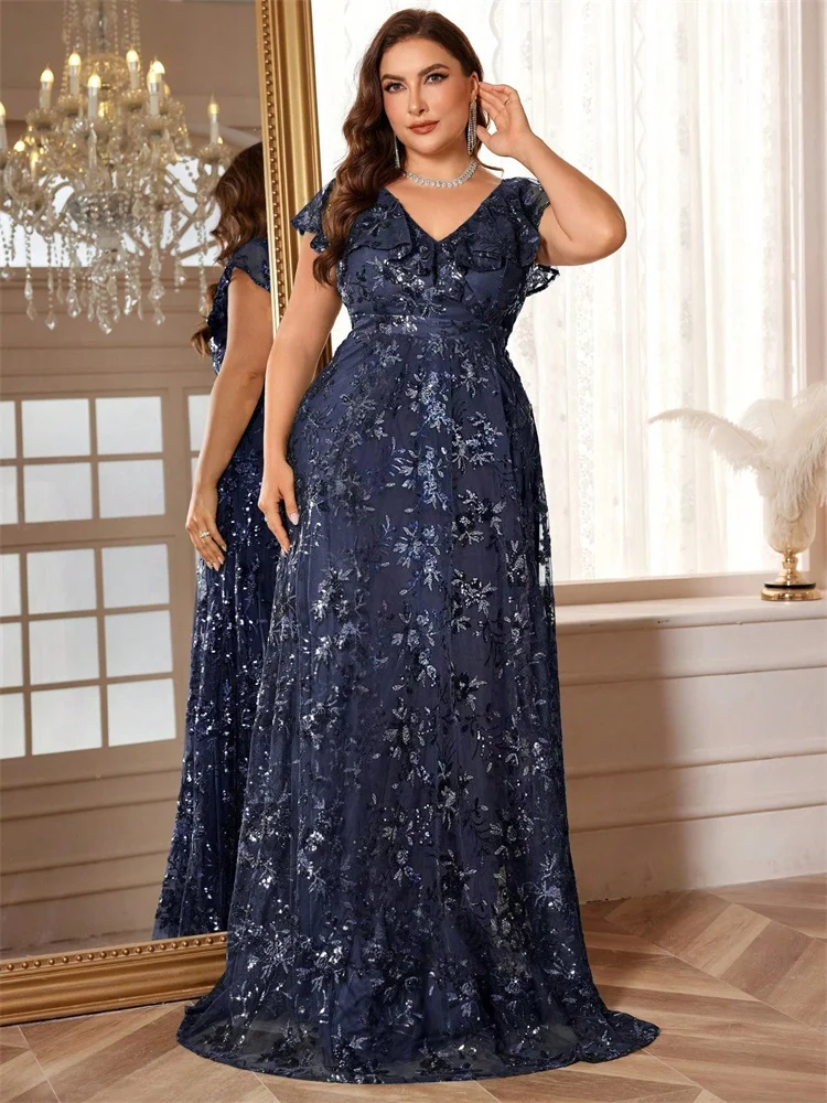 

Plus Size Luxury Floor Length V-Neck Formal Evening Dresses 2026 Women Elegant Party Sequin Sleevesless Prom Cocktail Gowns