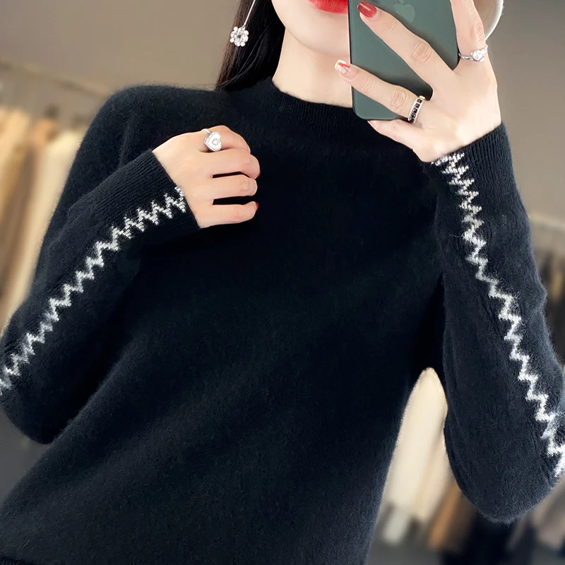 2023 Autumn Winter New 100% Merino Wool Women Half High Collar Sweater Knitted Pullover Long Sleeve Casual Top Clothes M-8138