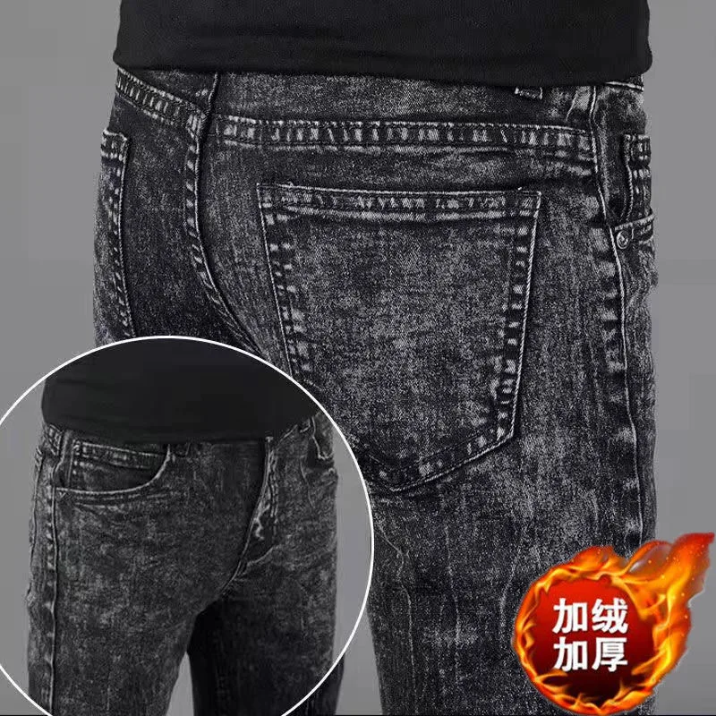 2023 Autumn and Winter New Fashion Trend Stretch Jeans Men's Casual Comfort Plus Fleece Thickened Warm High Quality Pants 28-38