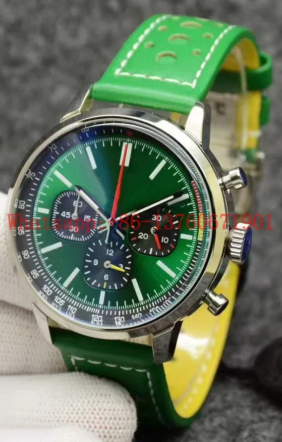 Luxury New Mens Quartz Chronograph Watch Stainless Steel Black Blue Brown Leather Sapphire Green Red Dial