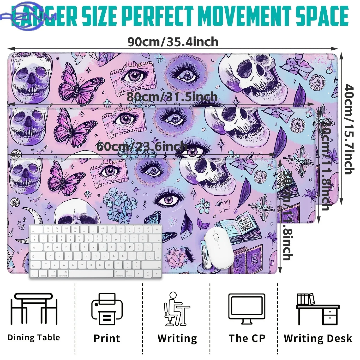 Mouse Pad e Tapete de Mesa para Jogos de Halloween Oversized - Com Design Gótico Ocultista com Caveiras e Olhos em Roxo, Rosa e