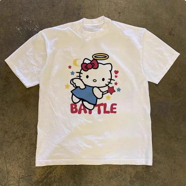 

Sanrio 2026 Summer Comic Form Hello Kitty Image 100% Cotton Printed Casual T-shirt Adult Children Parent-child Top Casual Wear.