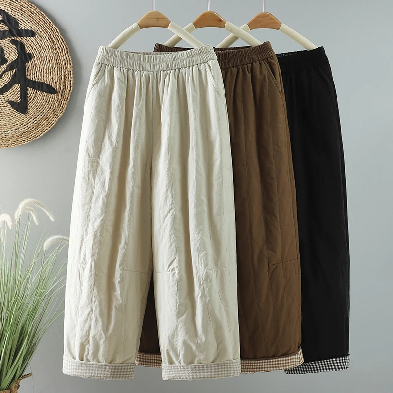 سراويل قطنية كاجوال أنيقة للنساء شتوية من Thiened Fce لون نقي هارلان فضفاضة مستقيمة الساق