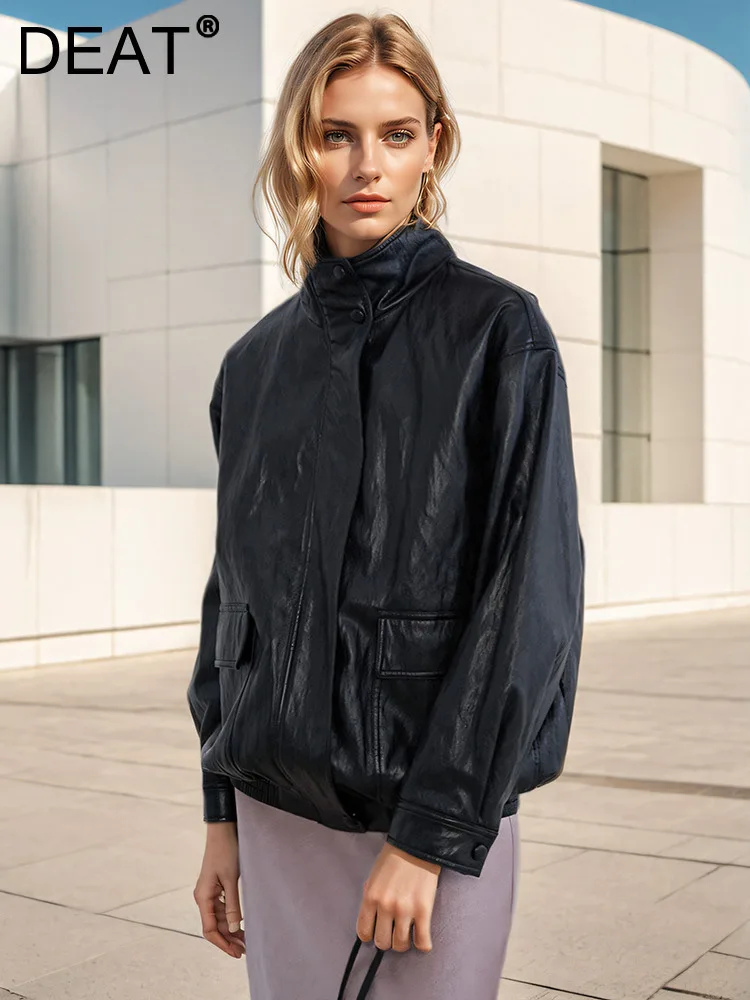 

DEAT Fashion Women PU Leather Jackets Stand Collar Loose Zipper Long Sleeve Short Retro Leather Jacket Autumn 2024 New 7AB5042