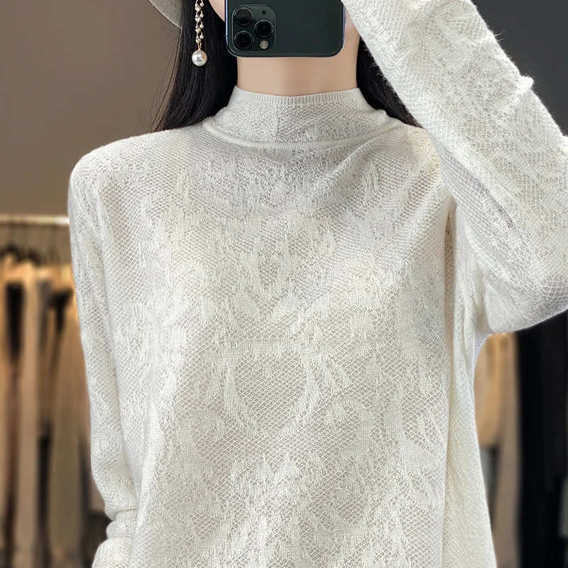 Spring/Summer Hollow Out Pure Wool Knitted Sweater T-shirt Women's Thin Fashion Long Sleeve Half High Neck Elegant and UniqueTop