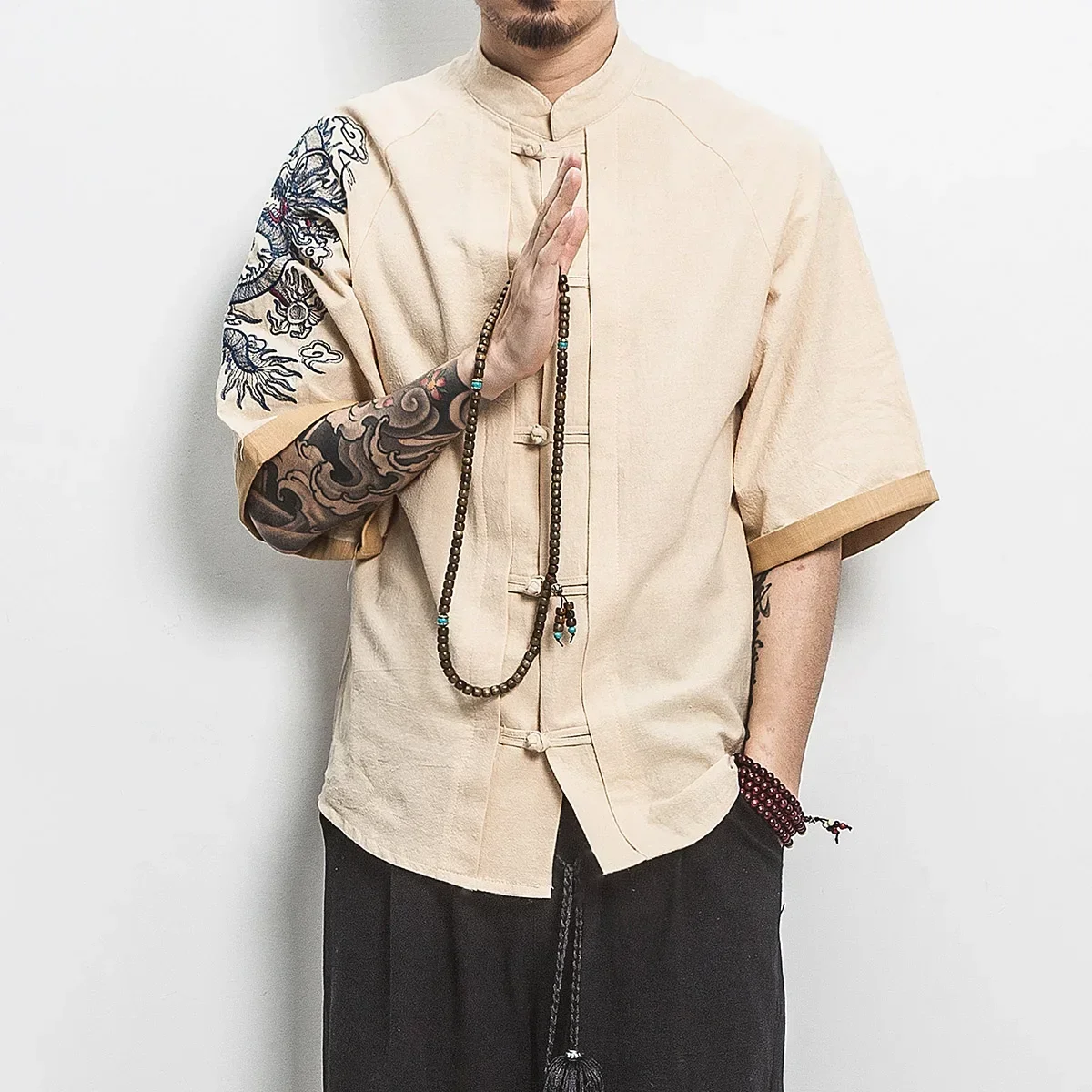 Embroidery Golden Dragon Shirts Men\'s Chinese Style Retro Linen Kungfu Short Sleeve Cardigan Mens Casual Novelty Loose Shirt Men