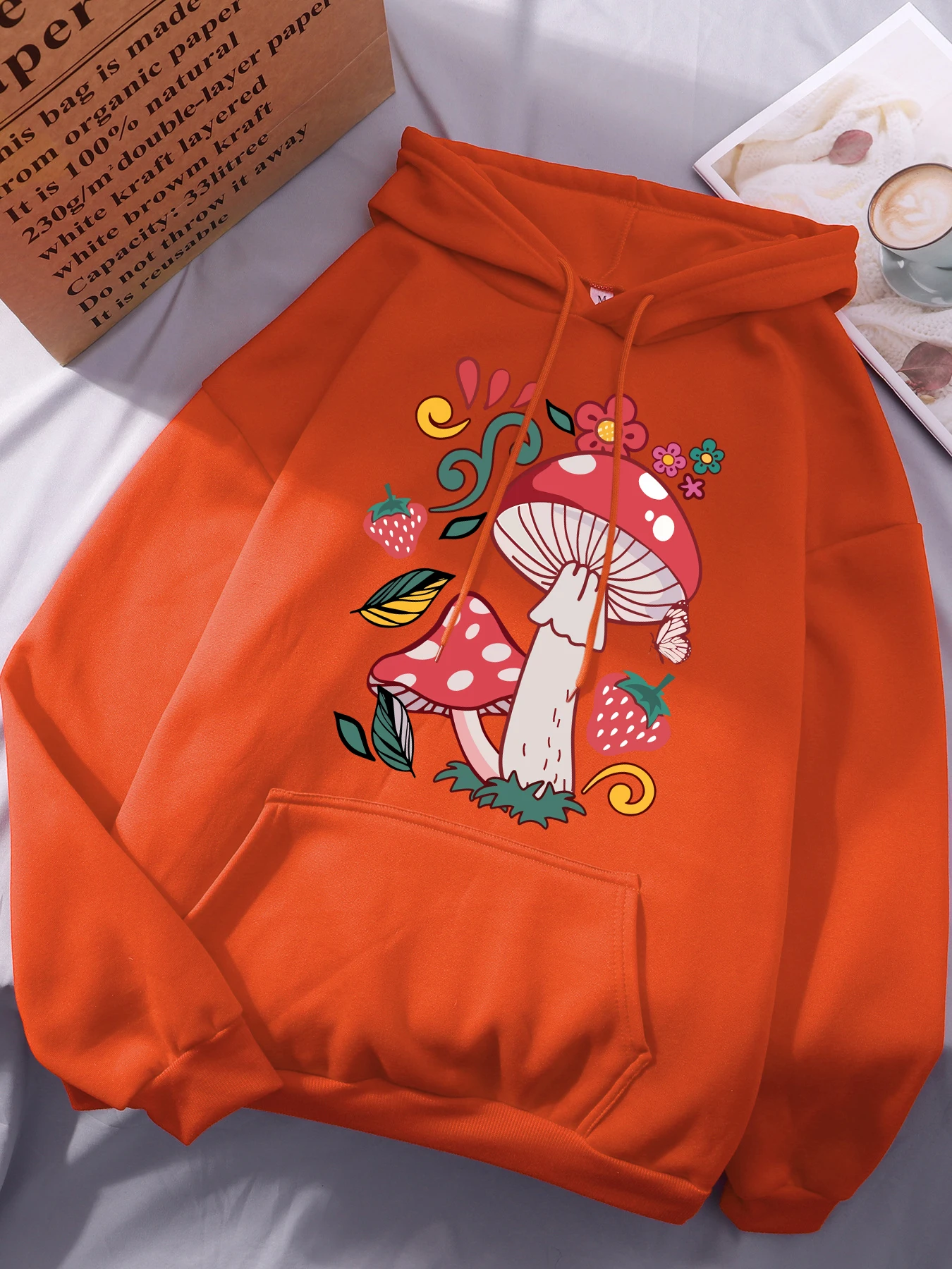 아름다운 버섯 꽃 딸기 프린트 여성 후드티 올매치 캐주얼 후디 가을 플리스 후디 힙합 오버사이즈 의류