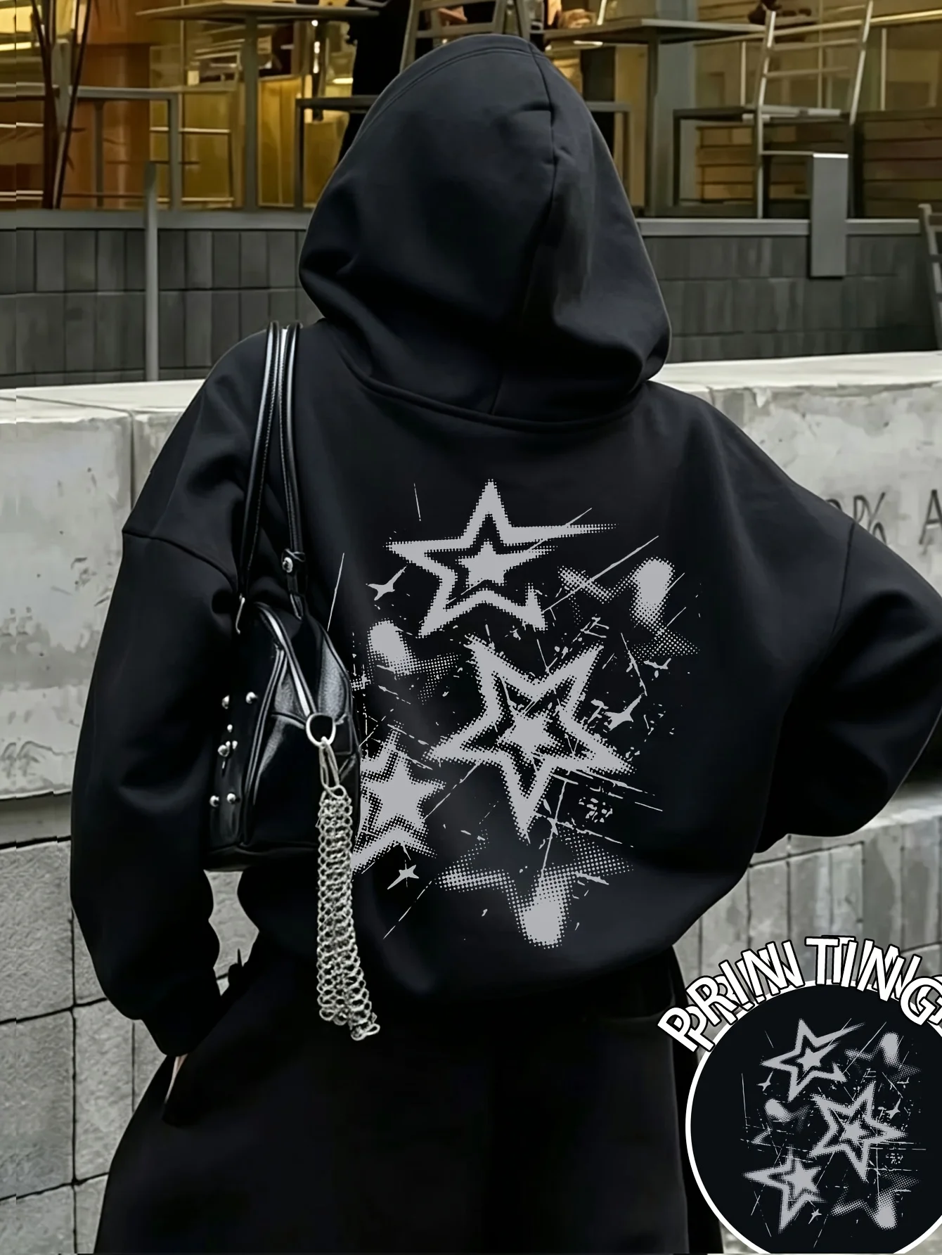 Herren Grunge Star Sport-Hoodie mit Farbspritzer-Print, Hellgrau, Oversize-Pullover, Streetwear-Sweatshirt für Frühling und Herbst – Detail 5