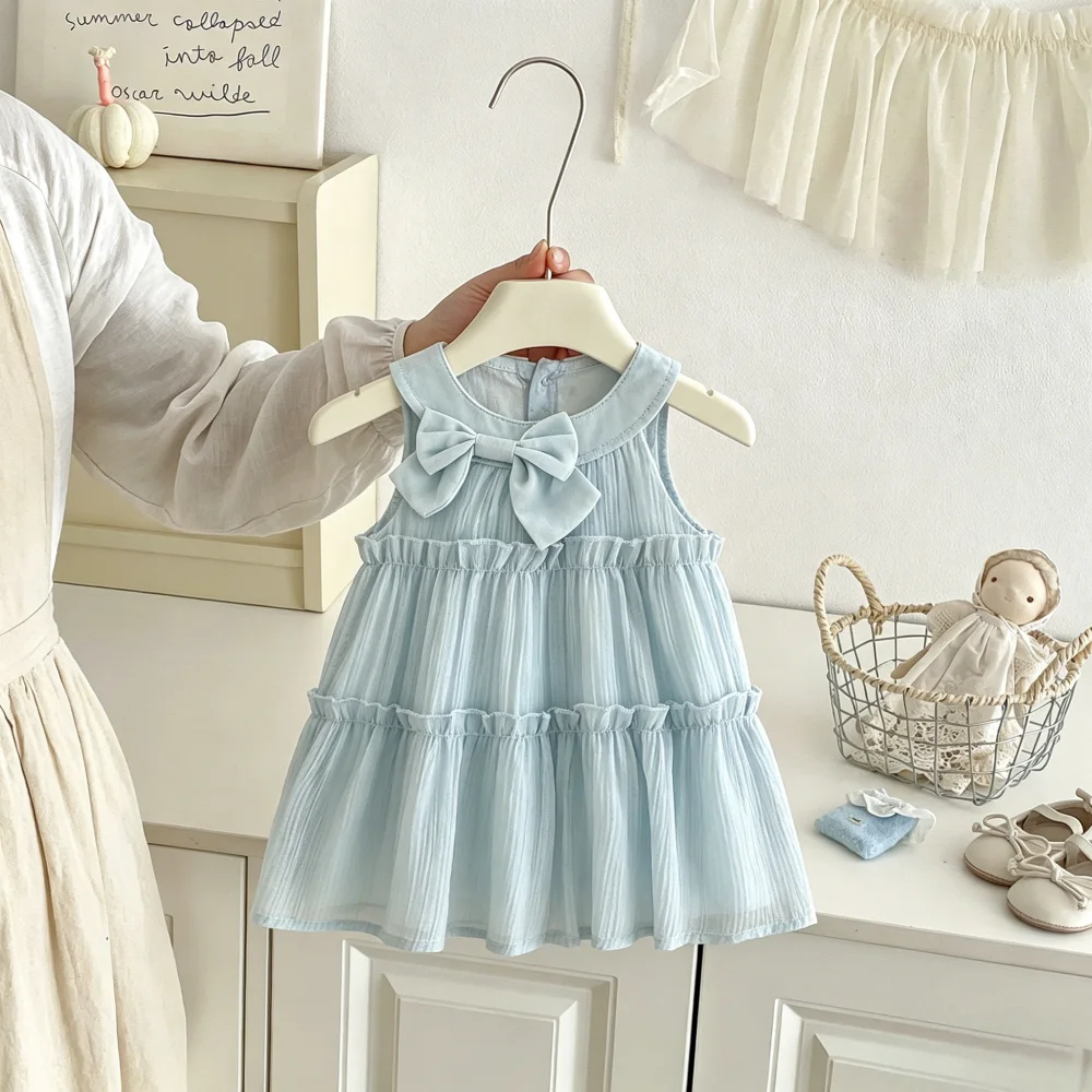 Baby Dress Summer Bow Solid Color Hanging Neck Cute Girl Dress Sweet Beach Children's Dress Baby Girl Clothing