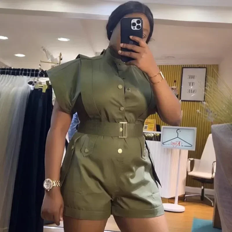 

Streetwear Casual Summer Romper for Woman Jumpsuit Shorts Single-breasted Stand Collar Cargo Playsuit with Belt Combishort Femme