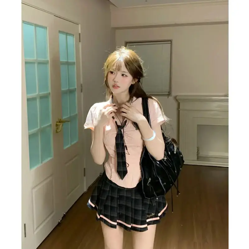 Abiti da donna estetici Set da 2 pezzi T-shirt Harajuku Y2k + gonna corta Polo Goth Punk Hot Girl Vintage Streetwear Sexy Slim anni 2000