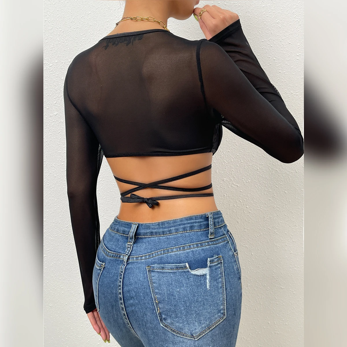 Vemina Fashion V-Neck Hollowing Mesh See Through Crop Tops Long Sleeve,Sexy Bandage Lace Embroidery Women Bodycon Slim Blouses