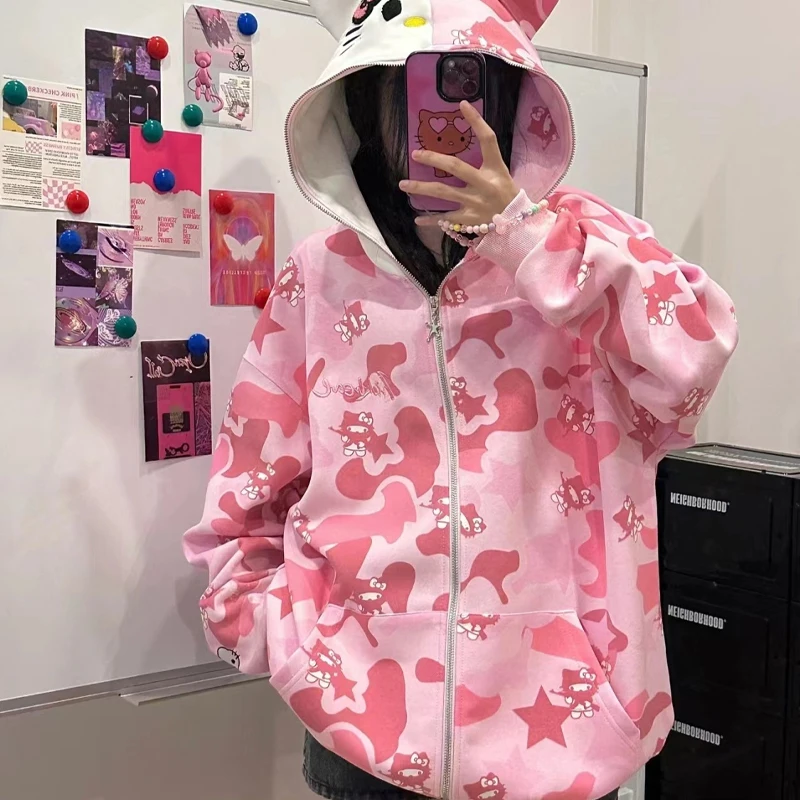 Sanrios Pure Cotton Hellokitty Full Print Hooded Embroidery Sweater Kawaii Girls Loose Casual Lazy Style Zipper Cardigan Jacket