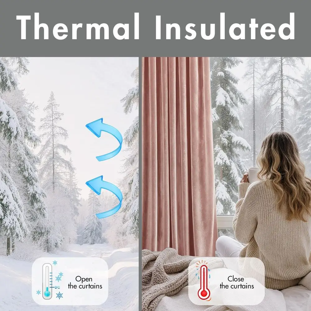 Cortinas blackout de pelúcia rosa claro 108 com isolamento e isolamento acústico para quartos e salas de estar, conjunto de 2