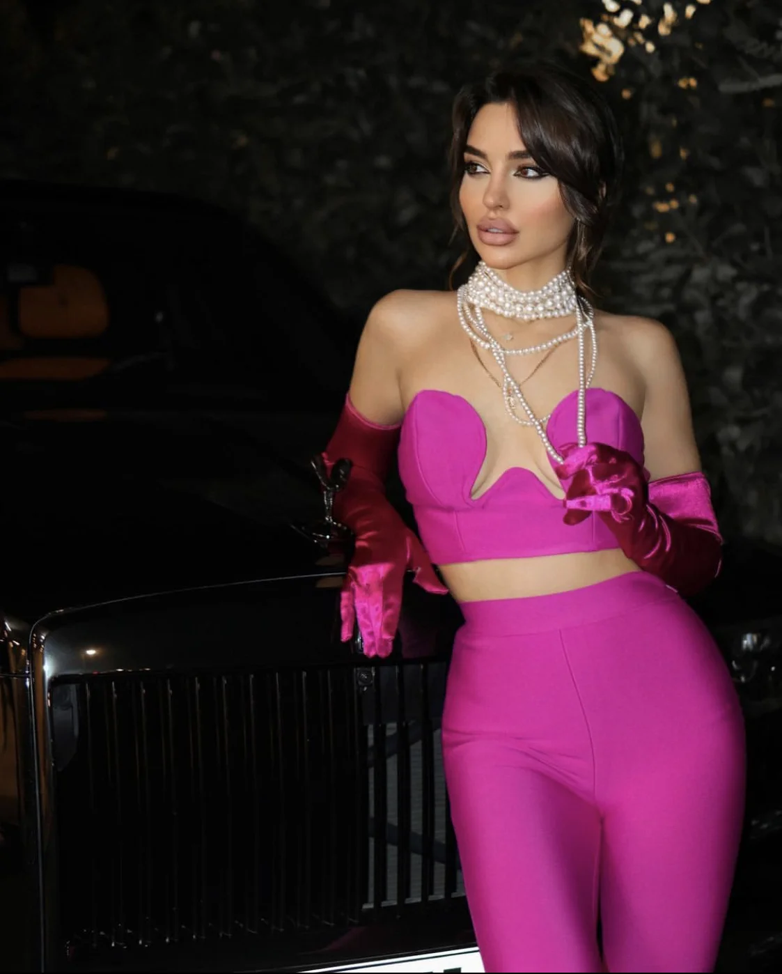 Women Club Party 3 Piece Set Elastic Bandage Strapless Bustier Crop Top High Waist Pencil Pants and Velvet Gloves Evening Outfit