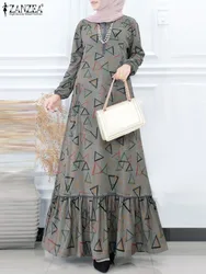 ZANZEA 2024 Vintage Floral Printed Maxi Dress Women Spring Long Sleeve Muslim Abaya Sundress Robe Femme Casual Ruffles Vestido